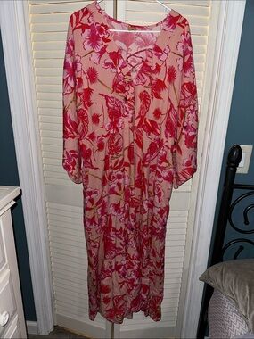 Women's Pink Floral Maxi Dress with Lace-Up Neckline